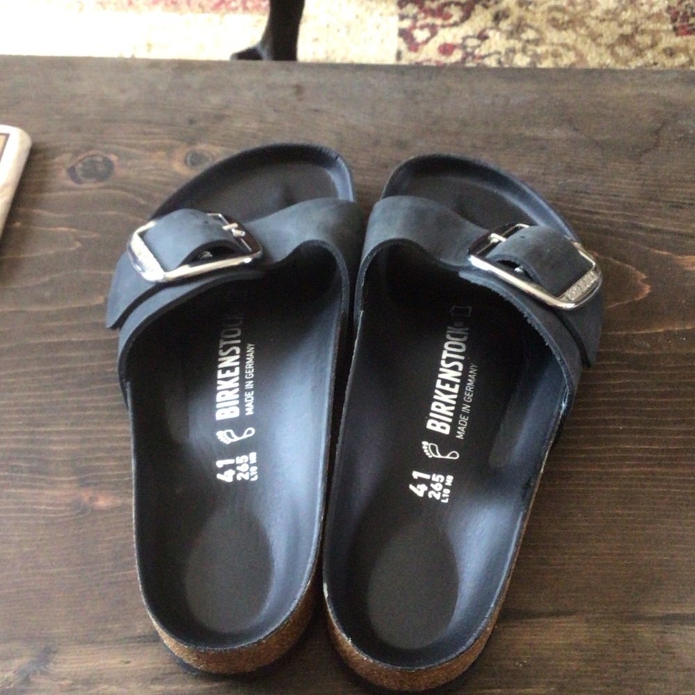 Birkenstock Black Slide Sandals with Silver Buckle